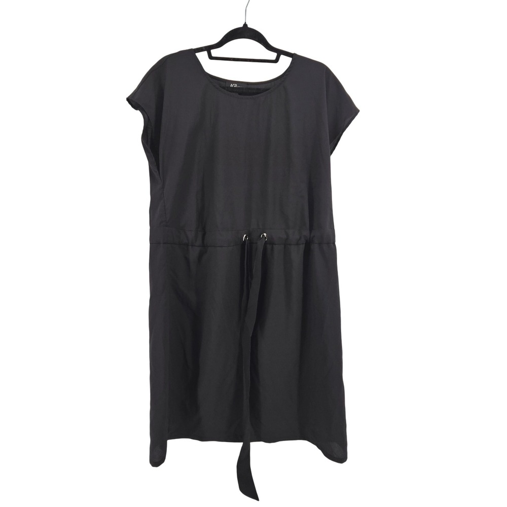 Minimalist Black Dress Short Sleeve Drawstring Waist Midi Womens Size 12 Capsule